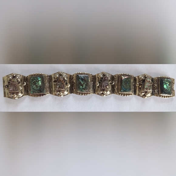 Sterling Silver Aztec Mexico Taxco Multi Link Abalone Shell Vintage Bracelet - Picture 6 of 12